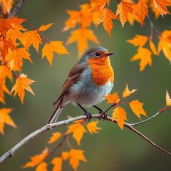 High-resolution stock photo featuring a robin on a branch with bright orange autumn leaves, emphasizing the contrast of the bird's colors against the foliage. 