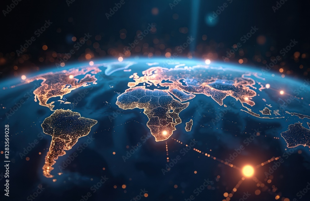 Poster Illustration of Earth with glowing continents, internet connections. Global network web data telecommunications, 5G infrastructure. Space, low orbit, regional geopolitics technology abstract