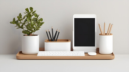 Organizing a minimalist desk setup with plants and technology home office lifestyle bright environment top view productivity