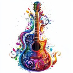 Vibrant Musical Resonance: A colorful acoustic guitar illustration with a dynamic interplay of vibrant colors and patterns, harmonizing artistic expression and musical creativity.