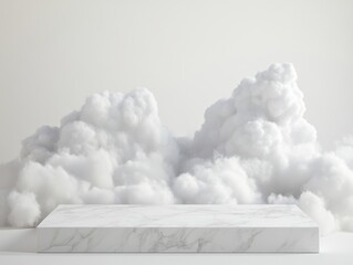 White marble product display podium with fluffy clouds on light background