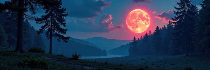 Full moon over a forest clearing, forest, moonlight, night