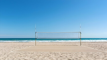 Empty Volleyball Court On Sandy Beach Under Clear Blue Sky With Calm Ocean Waves