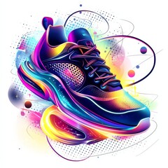 Naklejka premium Vibrant Running Shoe: An eye-catching, vividly colored running shoe bursts with dynamic energy, with its gradient hues and abstract lines representing speed, motion, and innovative design.