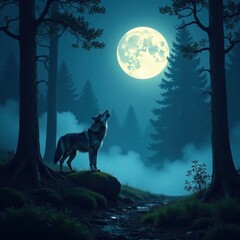 Fototapeta premium Full moonlit forest with a lone wolf howling, surrounded by tall trees and misty fog , nature, wildlife, night
