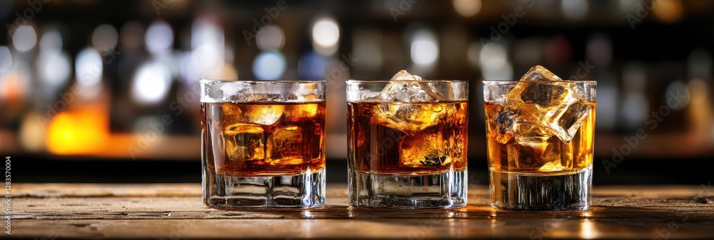 Poster three glasses of whiskey on ice lined up at a bar during a cozy evening gathering. generative ai