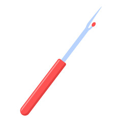 Red handled seam ripper for seamstresses and crafters. Useful tool for removing stitches and fixing sewing mistakes with precision.