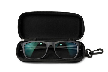Myopia glasses with black frame in a case isolated on white background