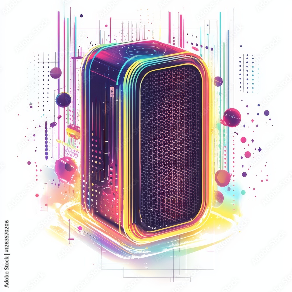 Aufkleber neon computer tech: an eye-catching illustration of a computer with a vibrant neon outline, showcasi
