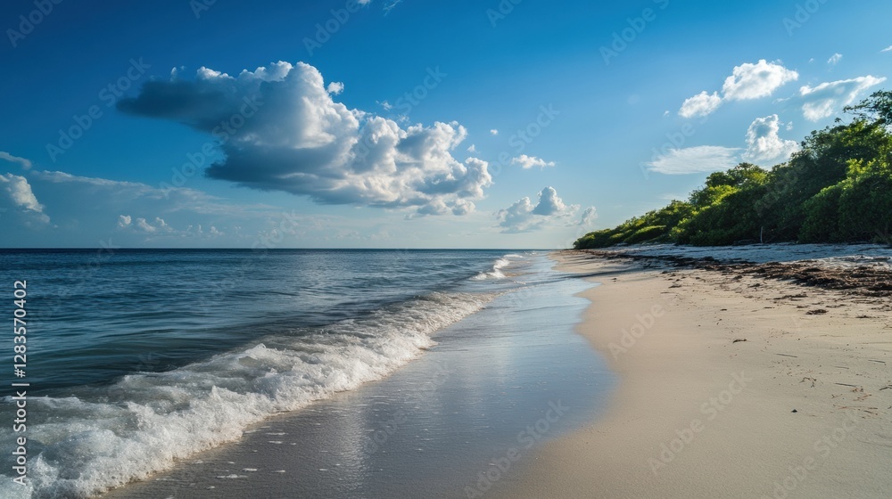 Poster coastal view of a tranquil beach under a clear blue sky during the golden hour with gentle waves lap