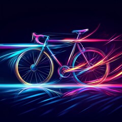 Fototapeta premium Neon Bicycle Ride: A vibrant, neon-illuminated bicycle streaks through a dark background, symbolizing speed and energy. It's a visual feast that captures movement and modern design