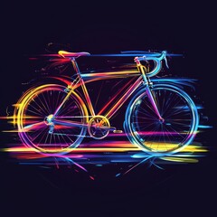 Fototapeta premium Bike Trails of Light: A racing bike bursts into a vibrant, glowing display, streaks of rainbow hues representing speed and motion against a dark backdrop.