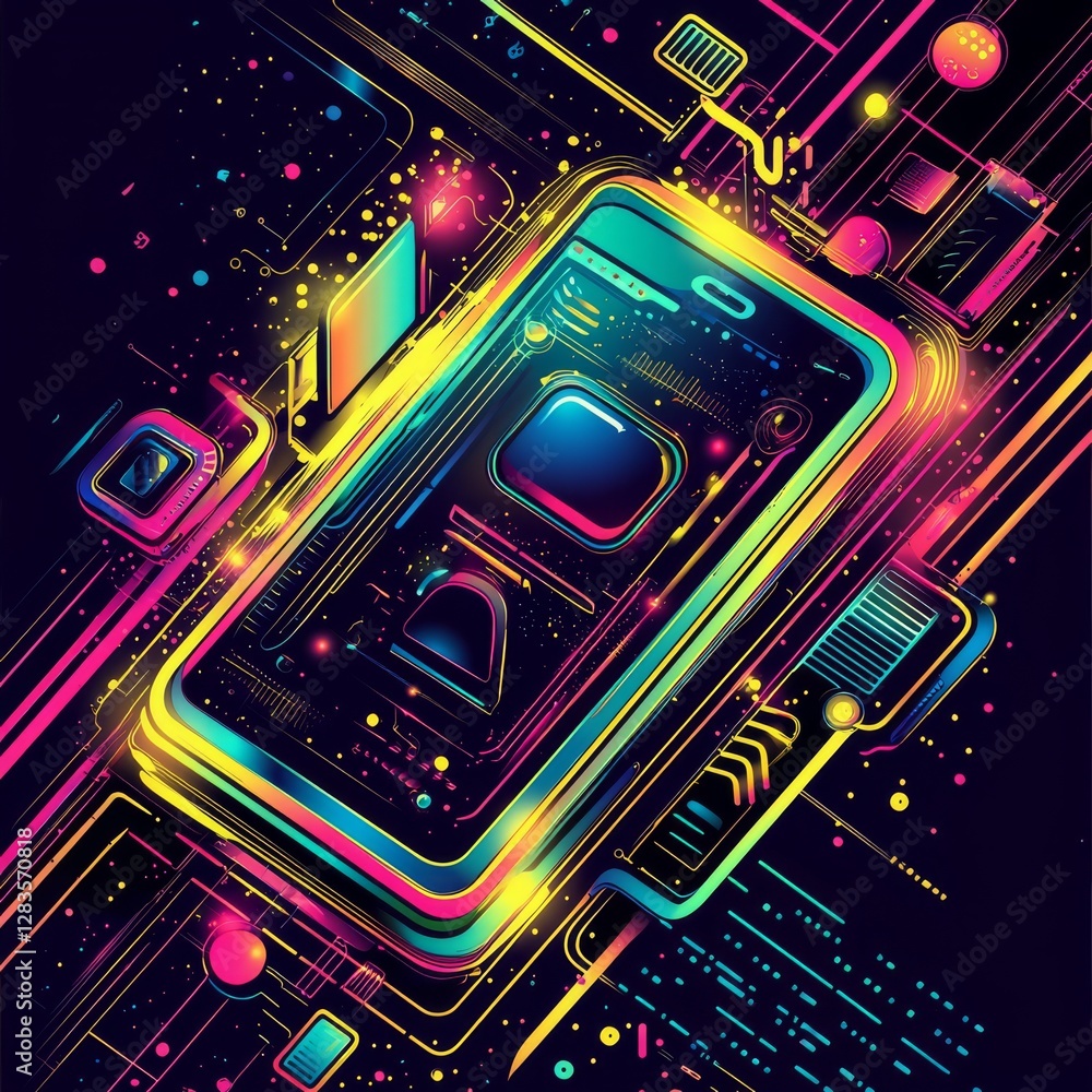 Poster digital frontier: a vibrant and abstract illustration depicting a smartphone rendered in a dynamic n