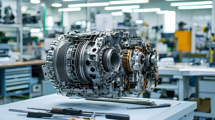 Detailed View Of Complex Machinery Displayed On A Table In A Bright Industrial Workshop