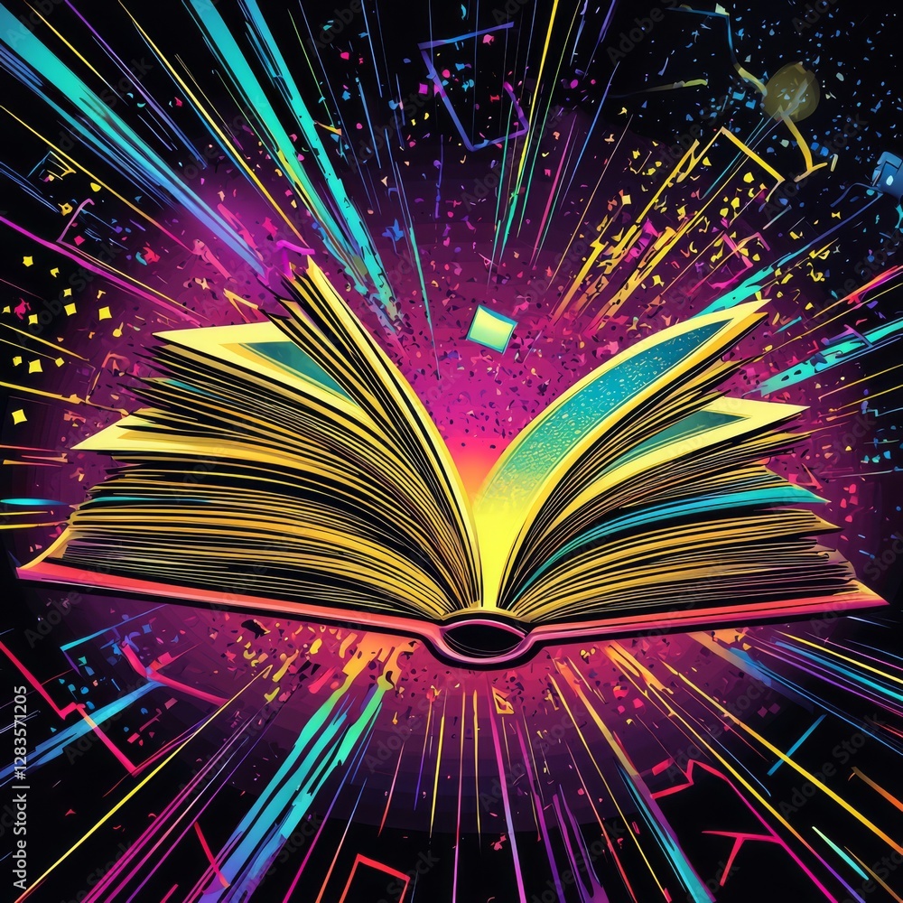Poster the book of knowledge: an open book, radiating beams of light, a visual metaphor for discovery and l