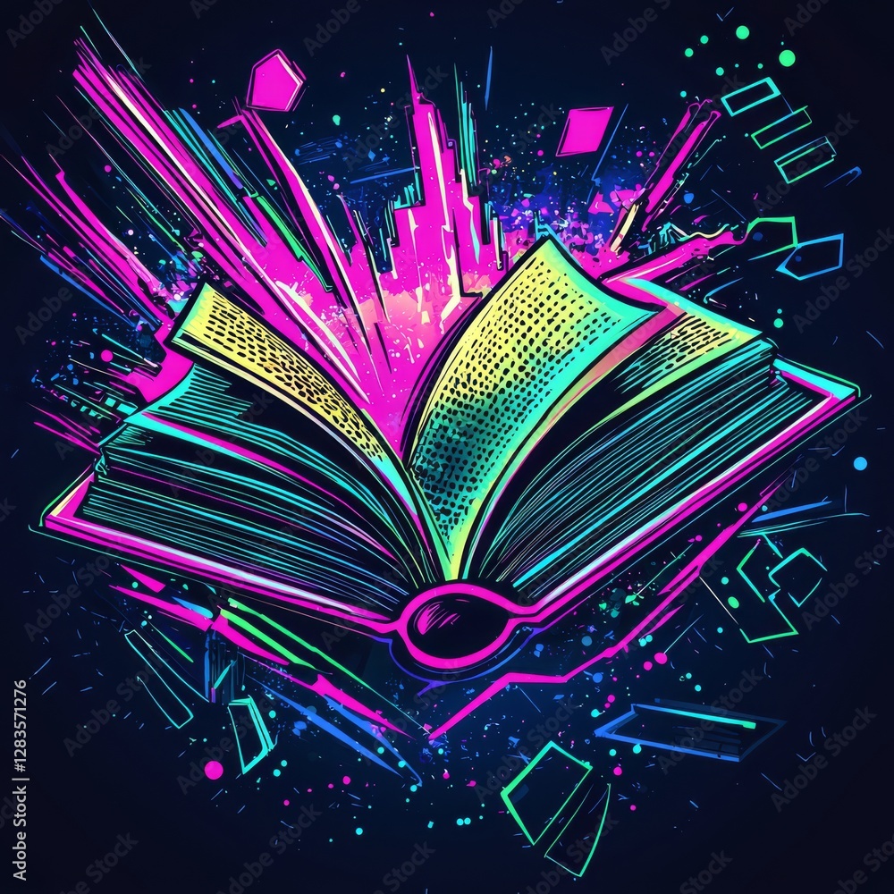 Poster literary universe: an open book explodes with vibrant colors and geometric shapes, symbolizing the b