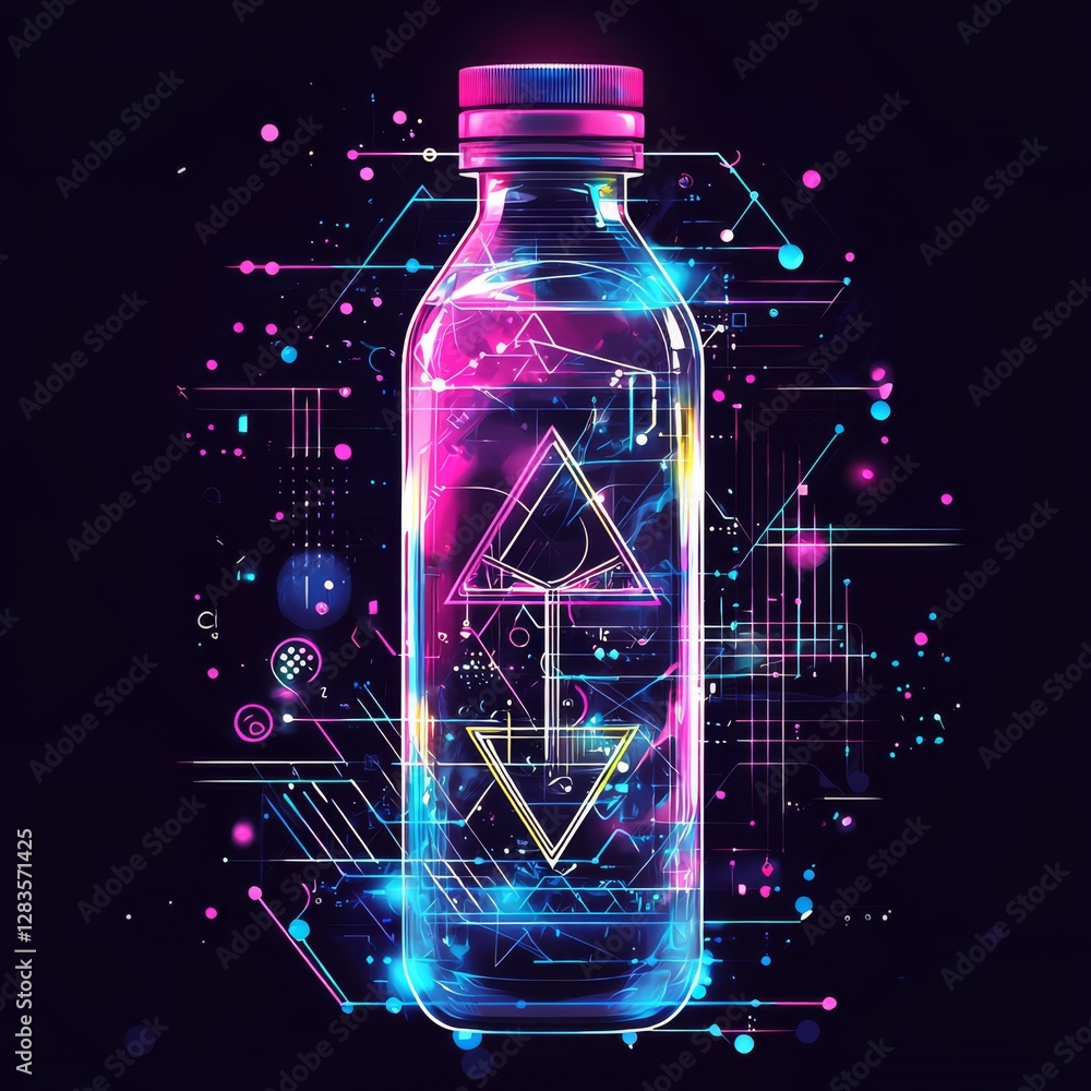 Poster potion bottle in neon: a captivating neon-lit bottle of potion, set against a black backdrop, pulsat