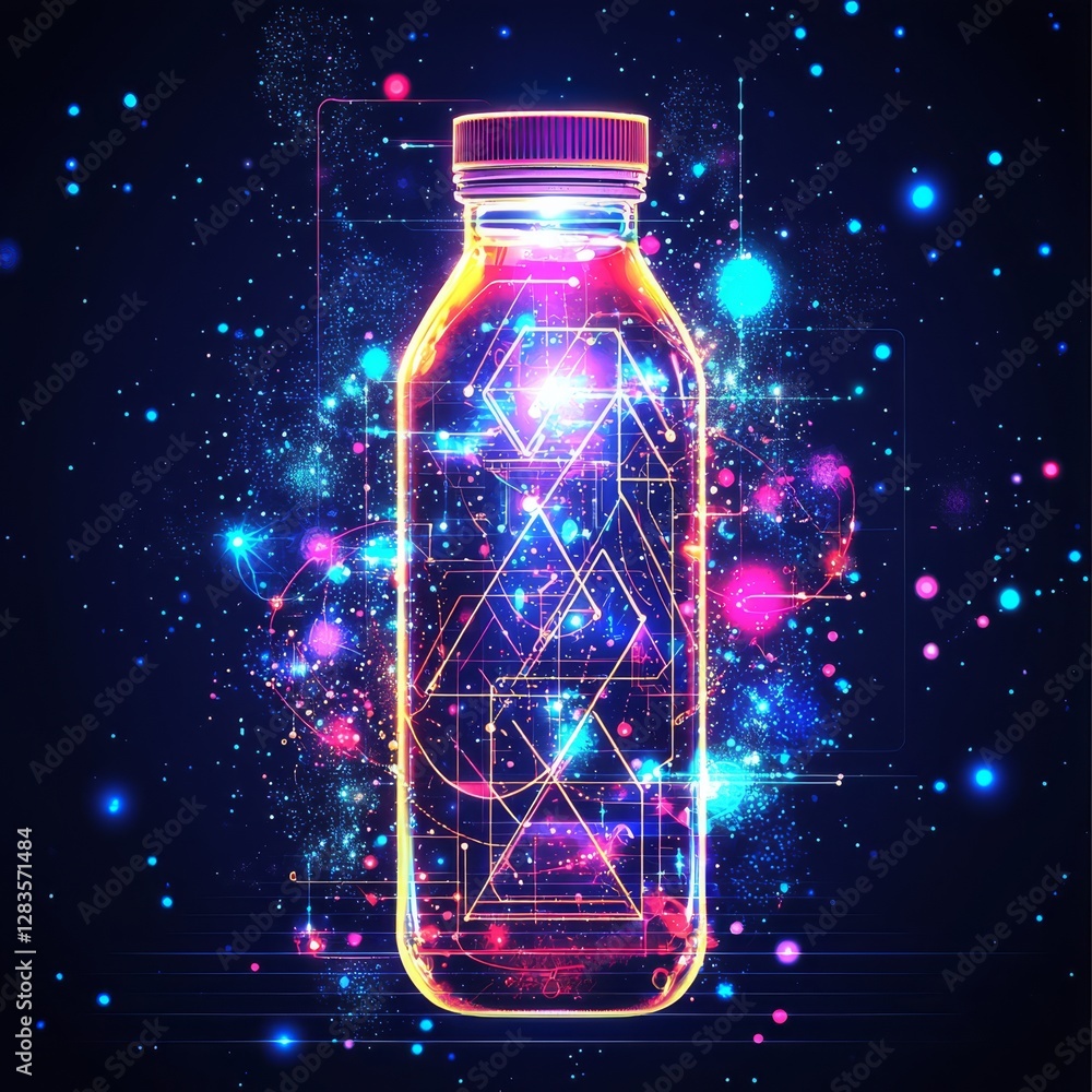 Poster the elixir of dreams: a vibrant bottle glows with an ethereal substance, suspended in a cosmic displ