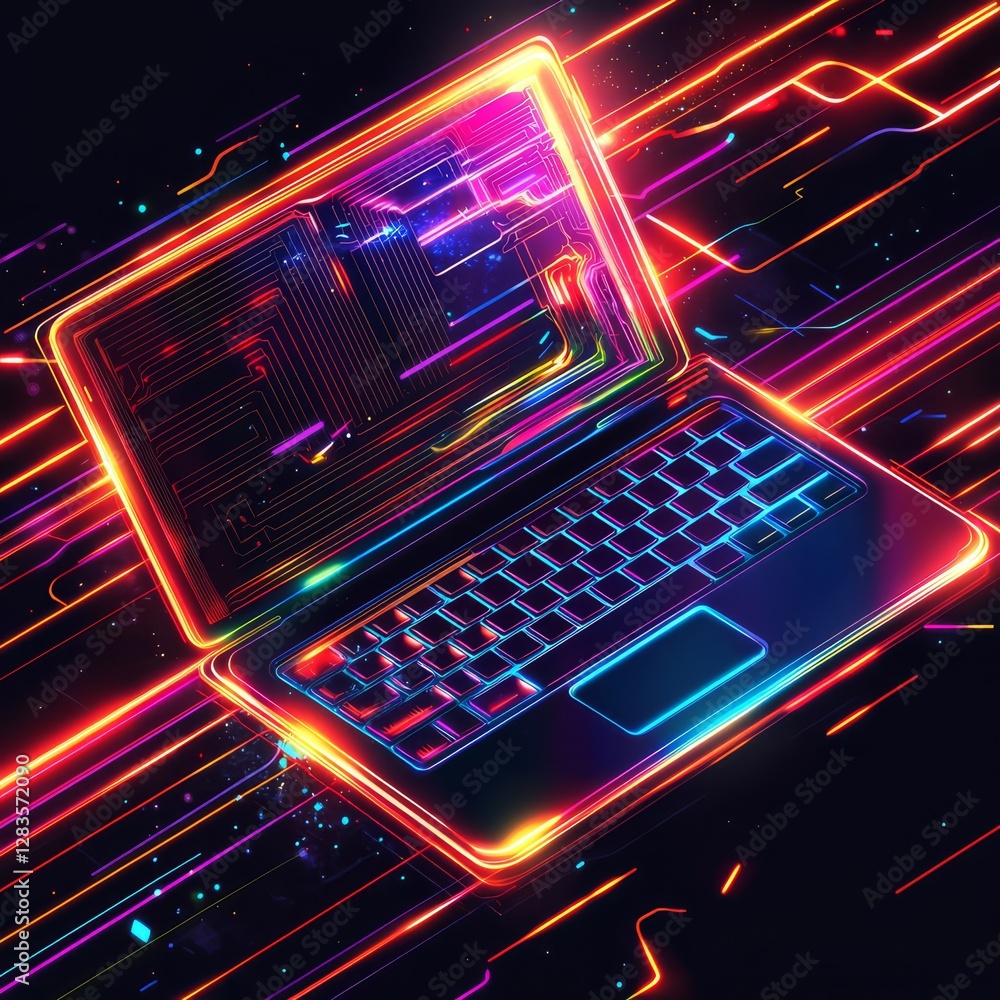Poster cybernetic gateway: an open laptop glows with vibrant neon light, showcasing a digital circuit board
