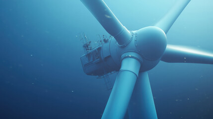 A close-up of a wind turbine captured against a deep blue sky.