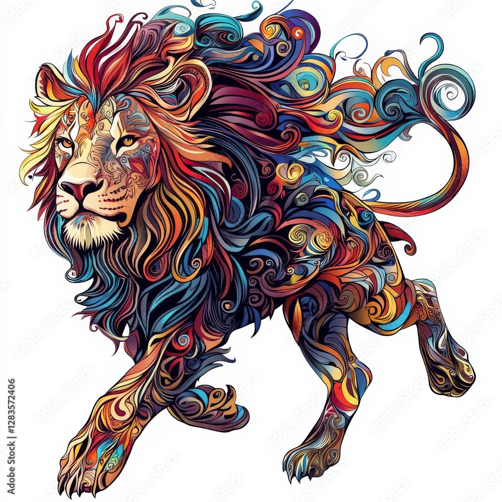 Poster colorful lion: a vibrant and artistic representation of a lion, rendered in a dazzling array of colo