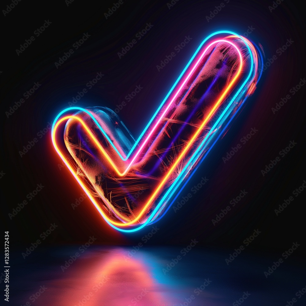 Poster a vibrant neon check mark illuminated against a dark background, creating a dynamic and modern aesth