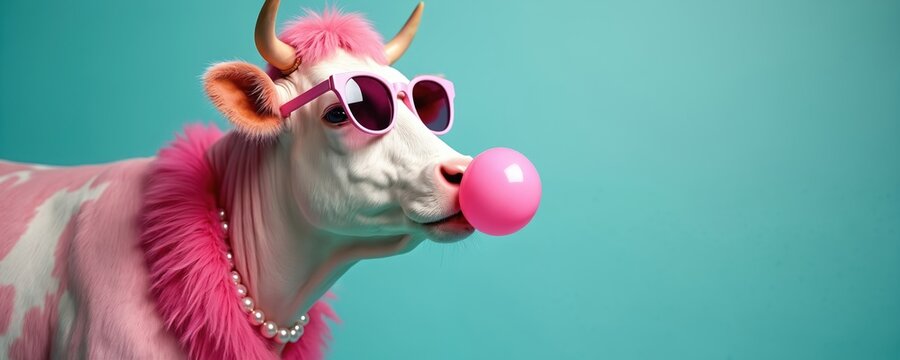 Funny cow with pink hair, fur collar, pearl necklace, sunglasses blows bubble gum on turquoise background. Trendy white bovine with spots chews bubble. Cool farm animal in accessories looks glam. Pop