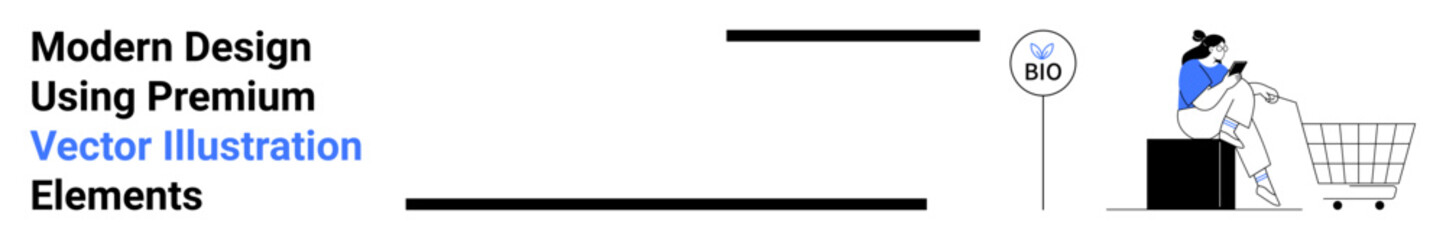 Woman seated near stacked boxes, shopping cart, and Bio sign, interacting with a mobile phone. Ideal for e-commerce, sustainability, organic products, modern lifestyle, online shopping digital