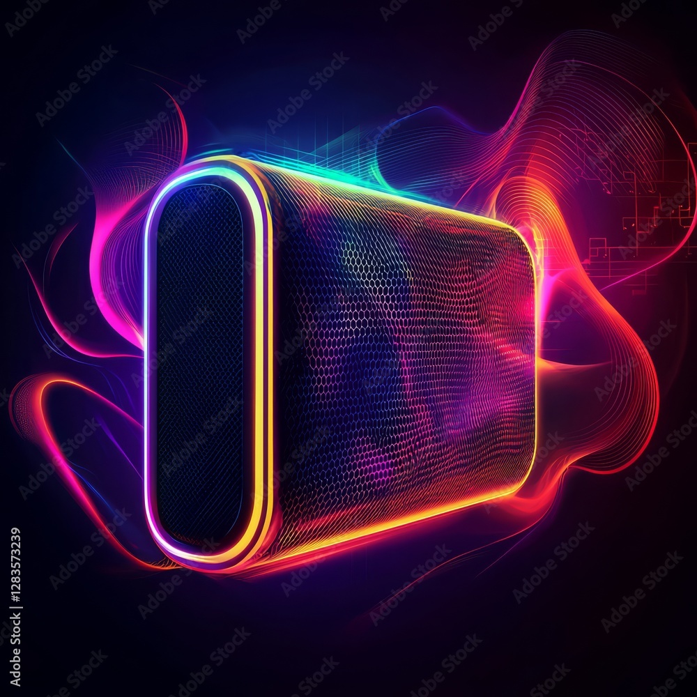 Poster digital display with neon art: a futuristic digital display glows with vibrant neon colors, its surf