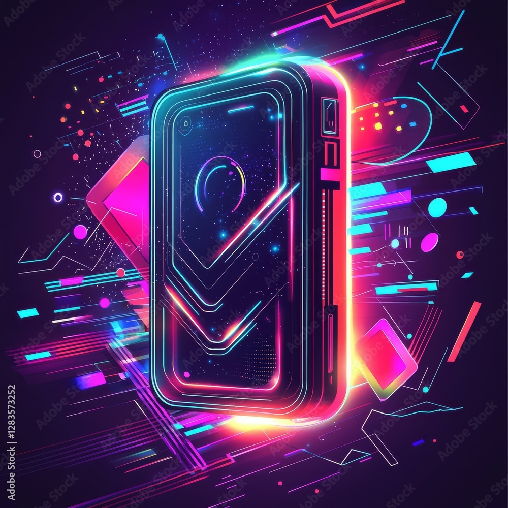 Aufkleber tech illuminated: futuristic view of a sleek device showcasing intricate neon lines and vibrant colo