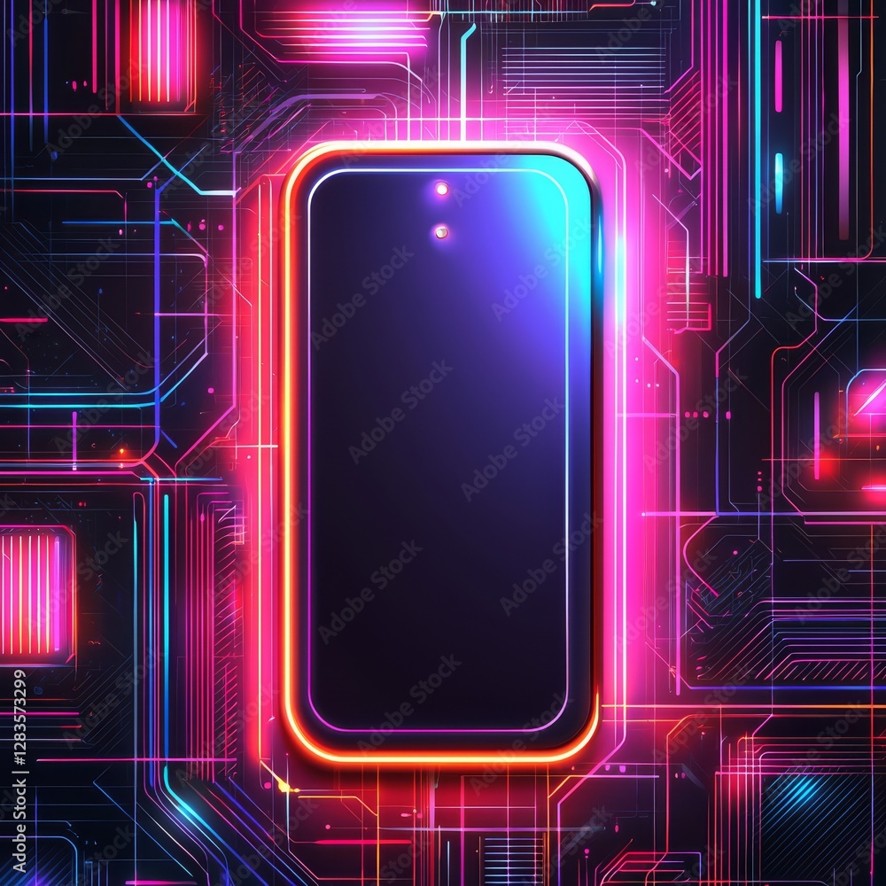 Poster illuminated tech: a captivating view of a cell phone, its screen aglow with a vibrant neon glow and 