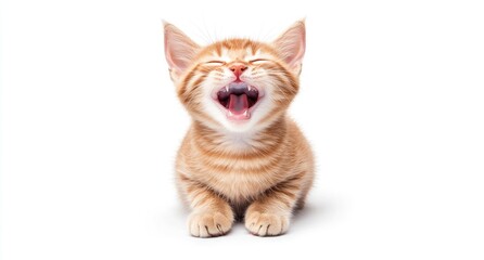 Obraz premium Cute ginger cat isolated on a white background, with an open mouth and a funny expression. This stock photo was the winner of a contest, 