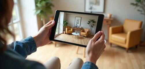 Augmented reality application. Person uses tablet to design new house interior with furniture. Woman holds device, place virtual furniture in living room. Generative ai tech for real estate industry,