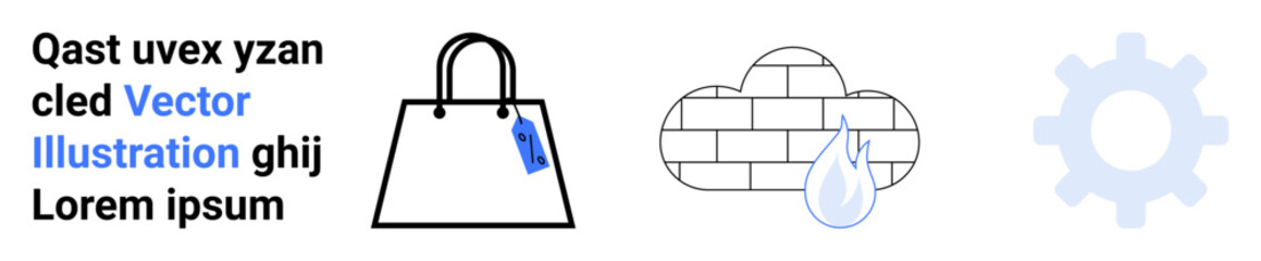 Shopping bag with price tag, cloud with water drop, and gear wheel illustrating retail, environment, and technology. Ideal for e-commerce, sustainability, innovation, design industry weather flat