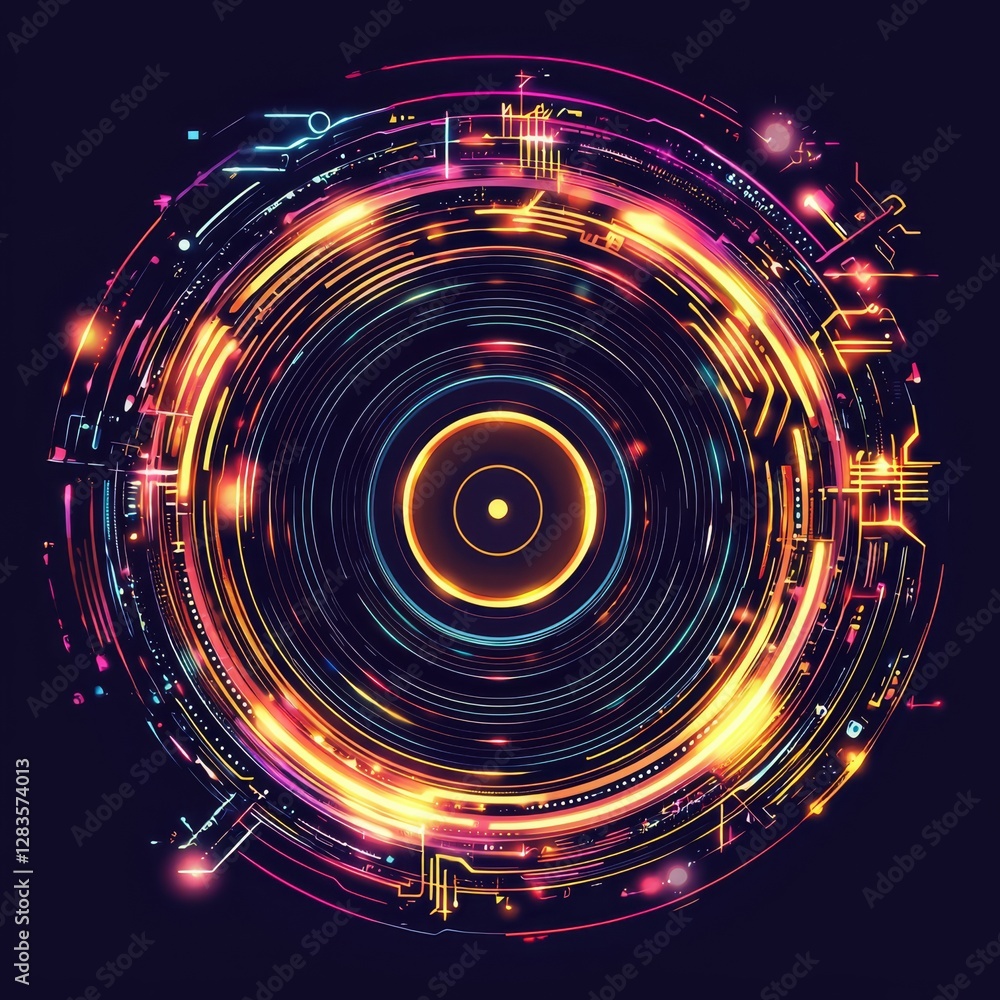 Poster digital orbit: a mesmerizing illustration of glowing digital circuits in a circular pattern, radiati