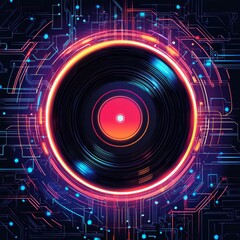 Fototapeta premium Vinyl in Digital World: A striking visual of a classic vinyl record set against a backdrop of a high-tech digital circuit board, a fusion of analog and digital.
