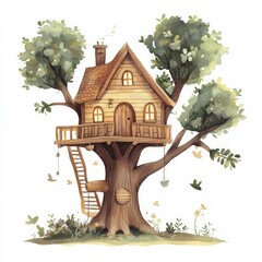 Cozy wooden treehouse nestled among vibrant green foliage with a charming rustic design and playful atmosphere