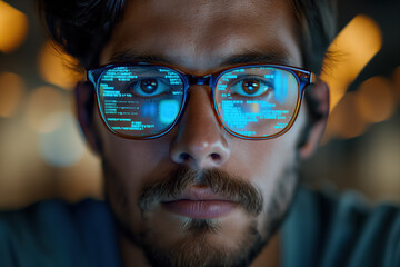 Young man analyzing code on computer screen with reflections in glasses