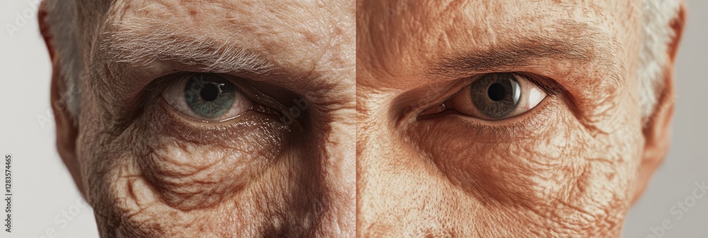 Poster transformation of aging skin to youthful appearance captured in a split view showcasing beauty throu
