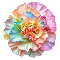 top view bud of multicolored carnation flower with soft ruffled petals isolated on a white background