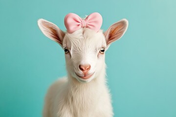 Fototapeta premium portrait lovely white baby goat wearing a pink bow on head on a light teal background