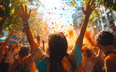 Obraz premium Colorful Holi festival celebration, city street, confetti, joy