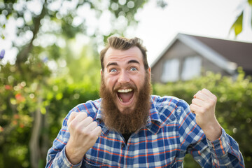 Joyful young man celebrating outdoors with cheerful expression and beard in garden