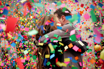 Obraz premium Young couple embracing amid vibrant confetti celebration