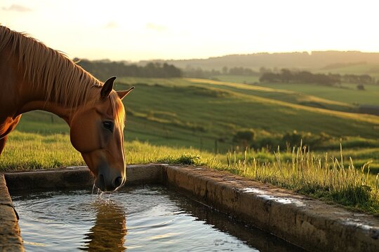 a brown horse drinks water from a drinking bowl against a background of a green field in the early morning