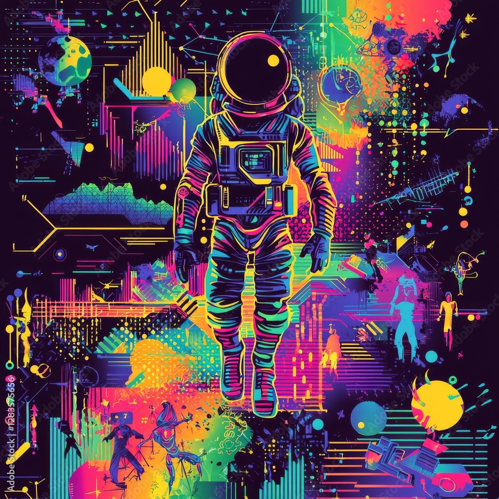 Poster astronaut in colorful universe: a vibrant and imaginative depiction of an astronaut immersed in a ps