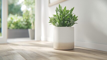 Fototapeta premium Green potted plant in a ceramic pot stands on a wooden floor in a bright, minimalist room during daytime.
