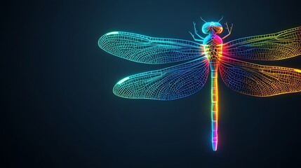 Vibrant Rainbow Dragonfly Wireframe Digital Art
