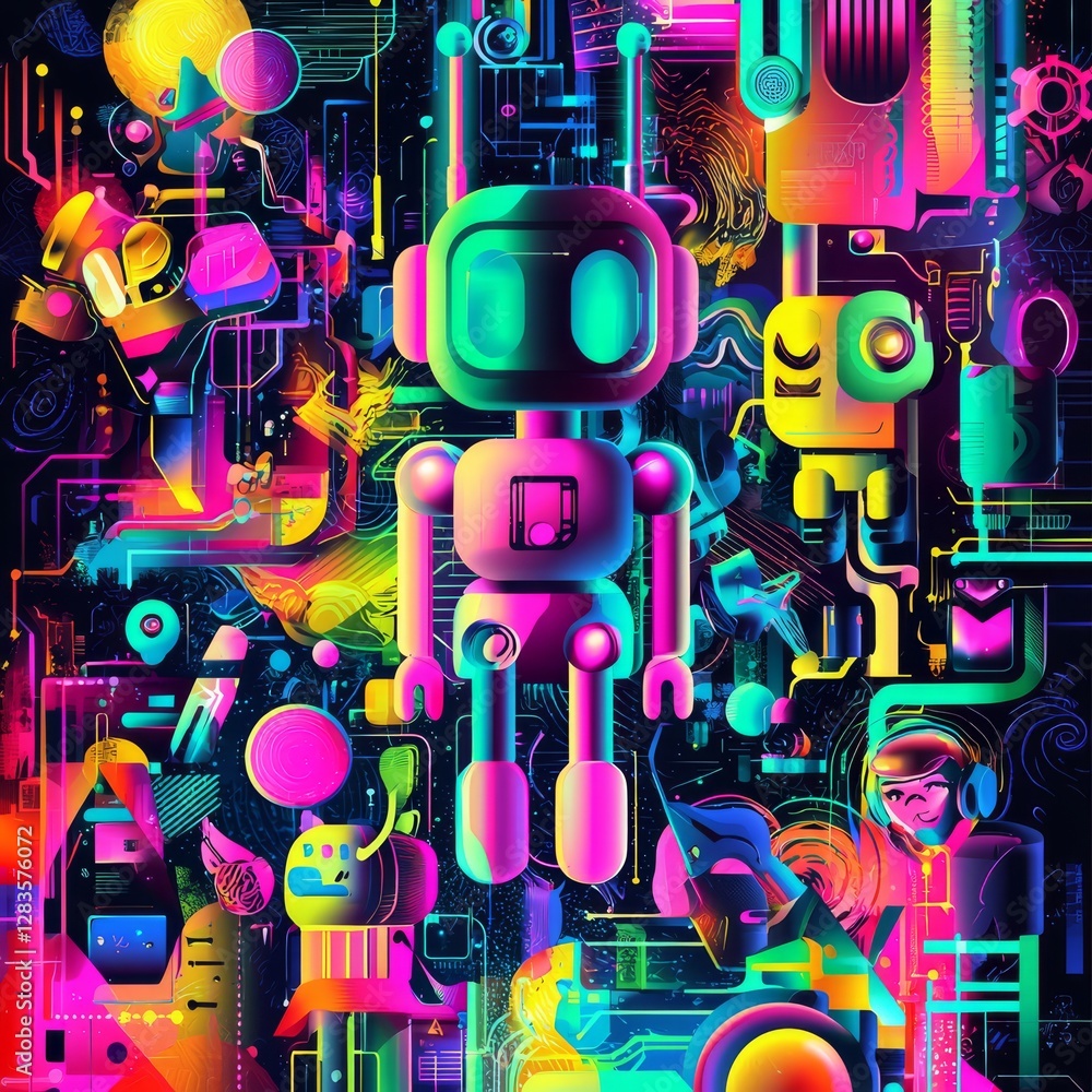 Poster neon robots: in a vibrant display, a cluster of neon-colored robots is showcased amidst a maze of di
