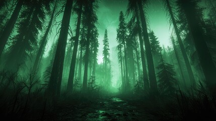 Obraz premium Foggy Forest Path, Mysterious Woods, Gloomy Atmosphere, Nature Scene, Digital Art, Spooky, Use in Film/Game Background